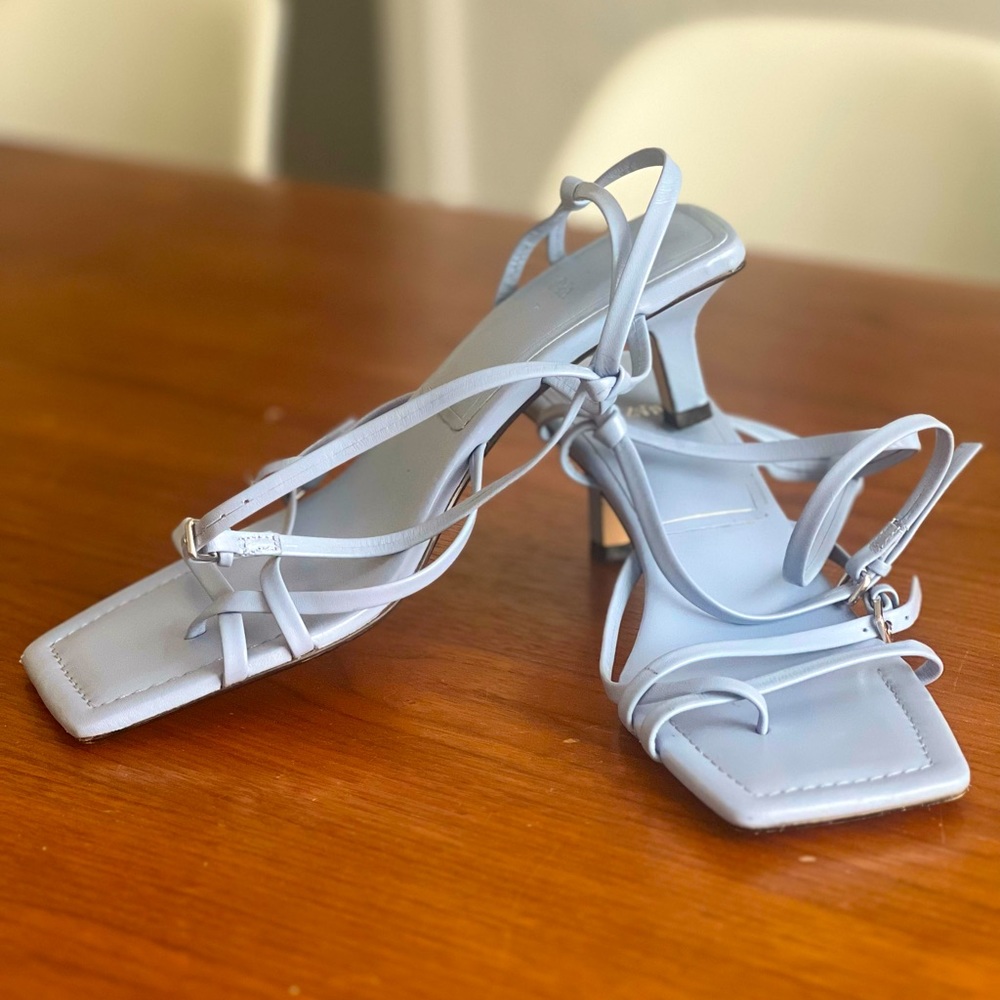 Baby Blue Leather Square Toe Kitten Heeled Sandals by Zara Size 8.5
